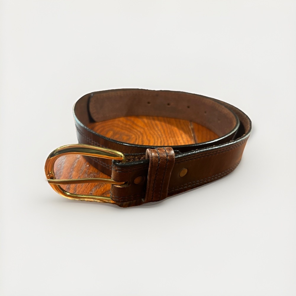 Vintage LEEGIN Brown Leather Belt Men's Size 34 Made In USA Brass Stitch Belt